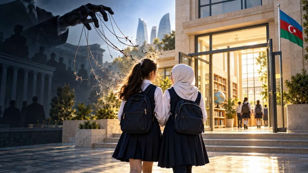 איור המחשה: שתי תלמידות, אחת בחיג׳אב, ניצבות בכניסה לבית ספר